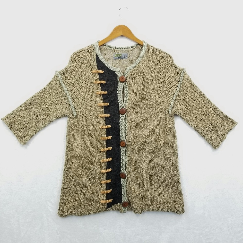 Lynne McNulty Cardigan Women‎ M Beige Art to Wear Lagenlook Sweater Fiber Art